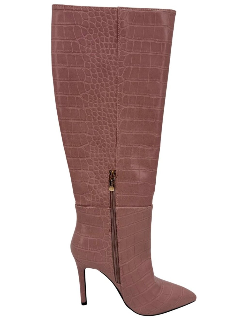 Guess Pink Vegan Croc Pointed Toe Knee High Stiletto Boots | Sexy Baddie Barbie - Picture 10 of 16